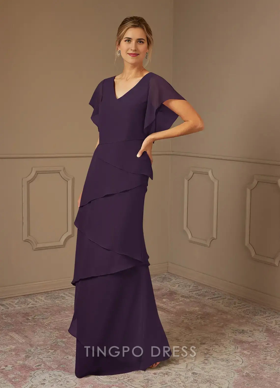 TingPo Wholesale Elegant Mother of the Bride Dresses A-Line V-Neck Fit and Flare Skirt Chiffon Dress hot sale for ladies